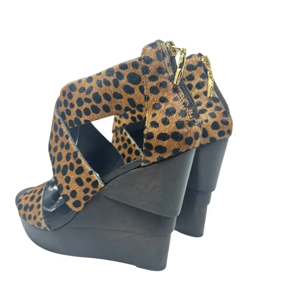 Diane von Furstenberg Opal Wedge Sandals Leopard Leather Calf Hair Brown‎ Size 8